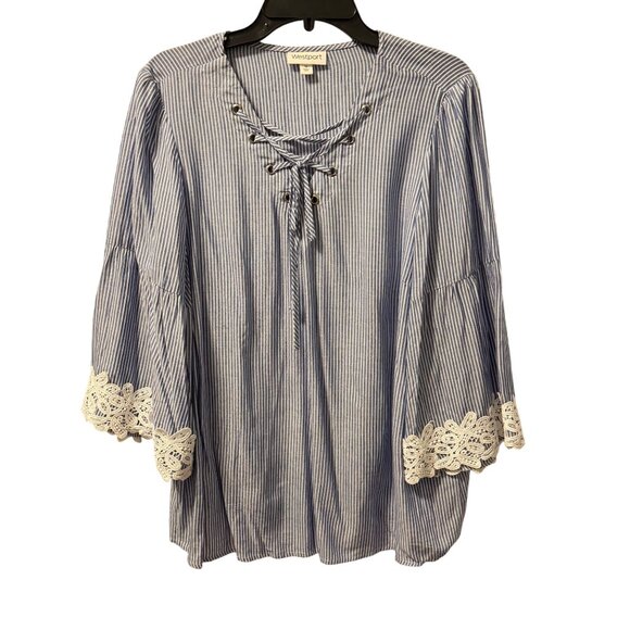 Westport Blue & White Striped Lace-Up Blouse Sz 1X sleeves 3/4 blouse - Picture 4 of 12